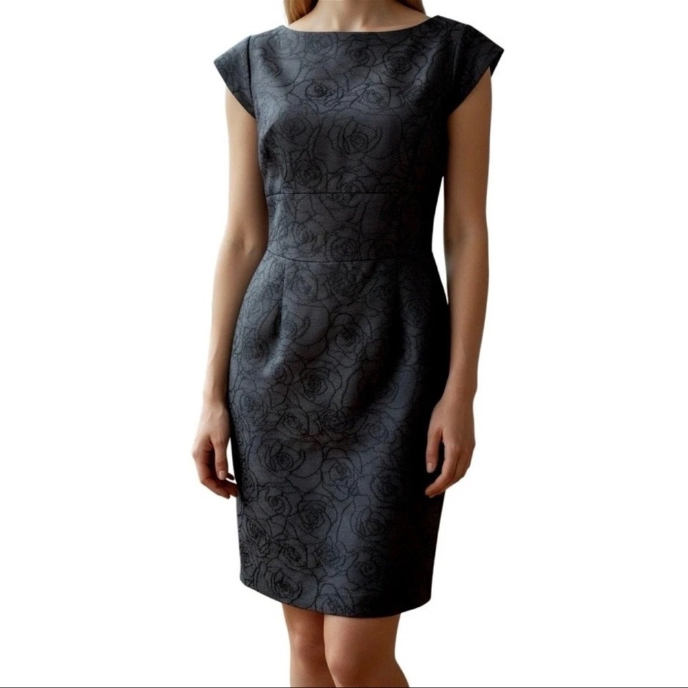 Brooks Brothers 346 Black Brocade Rose Patterned Cap Sleeve Sheath Dress - 10